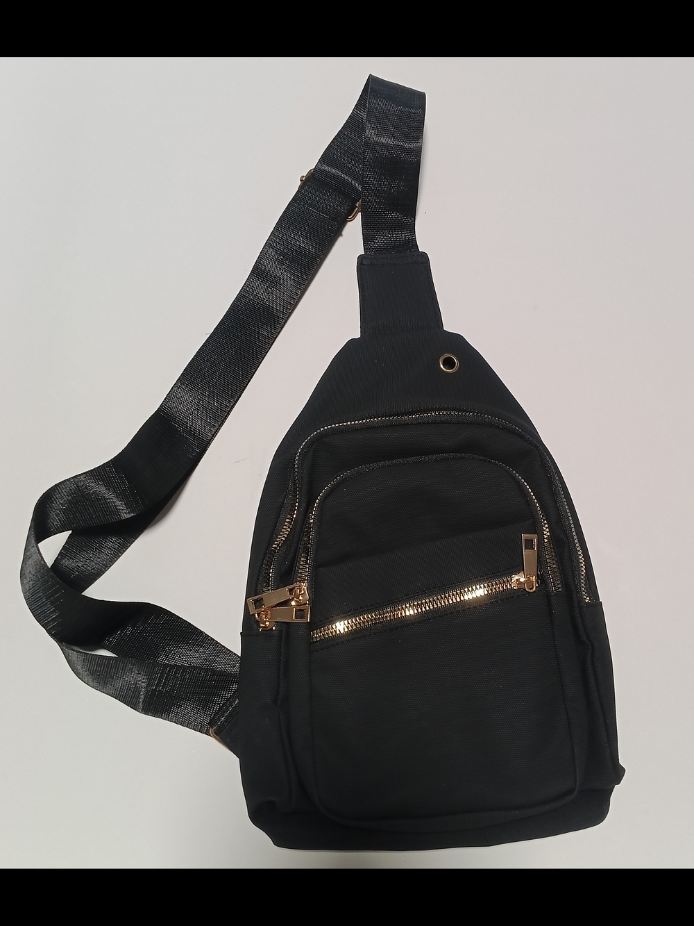 Black Crossbody Sling Bag – Multi-Pocket Travel & Everyday Chest Pack with Gold.
